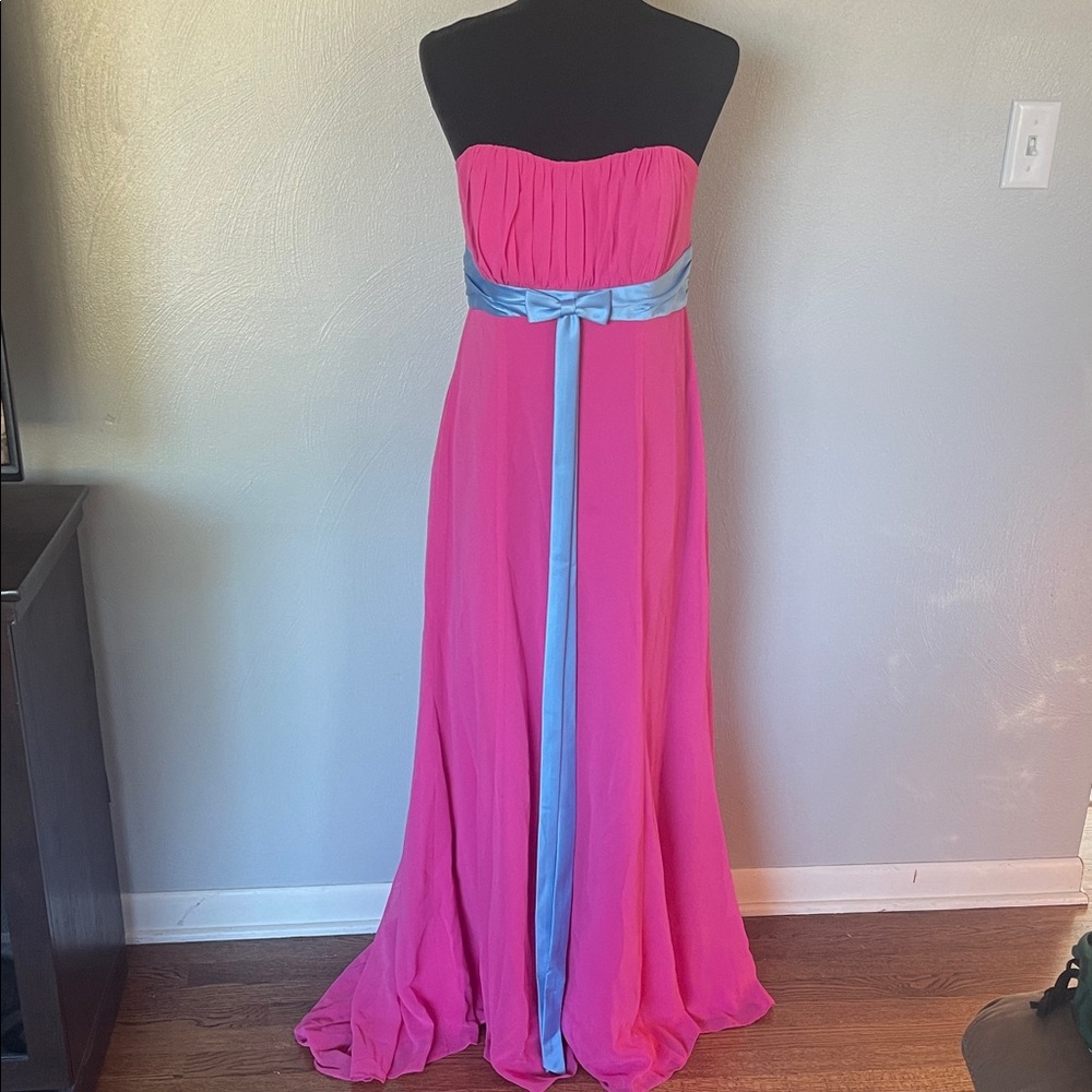 Alfred Angelo Fuchsia Strapless Gown w/ Light-Blue Sash Bow | Size 12